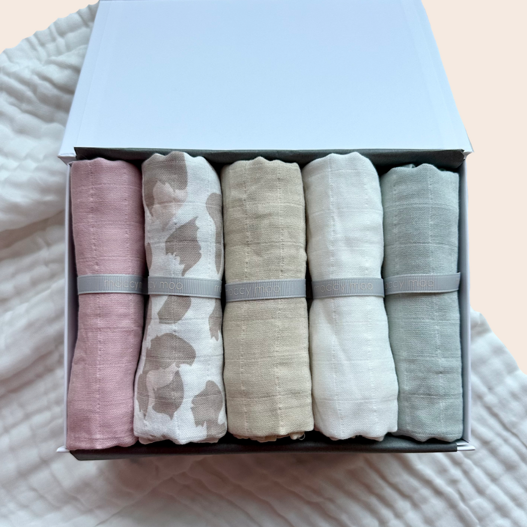 5-pack bamboo muslin cloths Gift Box - Blush Tones