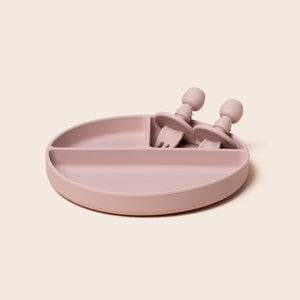 Divided suction plate & cutlery - Dusty pink