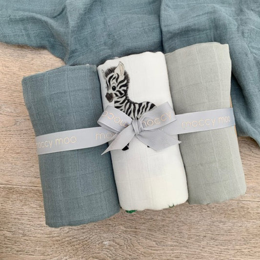 3-pack bamboo muslin 'go-to' cloths - Grey safari