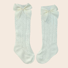 Load image into Gallery viewer, Open knit knee high bow socks
