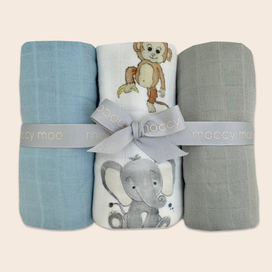 3-pack bamboo muslin 'go-to' cloths - Safari boy