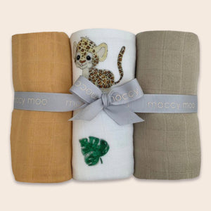 3-pack bamboo muslin 'go-to' cloths - Safari snuggles